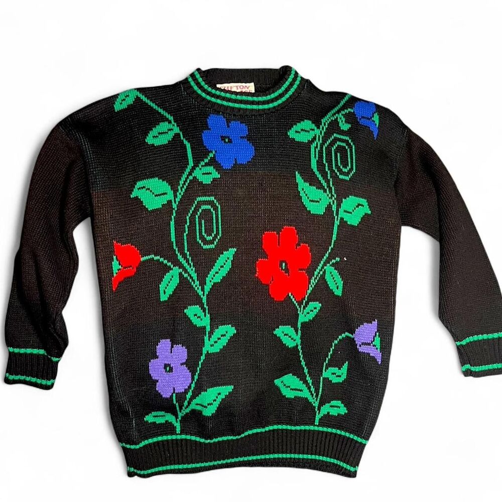 Vintage 80s Clifton Place Floral Knit Sweater Flowers Made in USA Women's Medium